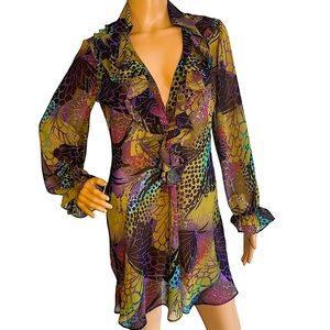 🆕 BISOU BISOU  | MARIELLA ANIMALISTIC PRINT SHEER RUFFLE DRESS / BLOUSE  SZ S